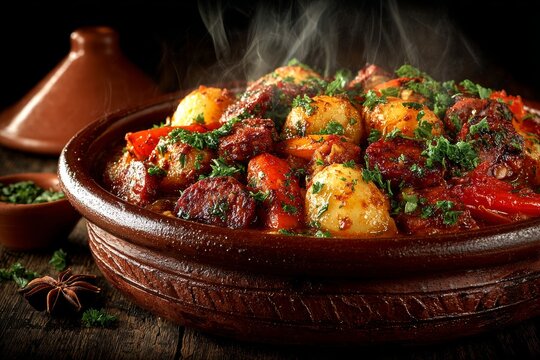 Olla Podrida, hearty Spanish bean stew in rustic bowl, colorful roasted vegetables steaming beside small bowl of parsley. Concept of Olla Podrida evokes warmth, comfort, togetherness.