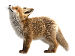 Playful red fox cub looking upward with curious expression side angle isolated on transparent background PNG
