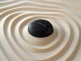 Smooth black stone centered on concentric raked sand circles symbolizing calmness and meditation