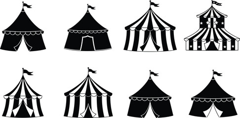 Collection of circus tent vector icons, carnival marquee silhouettes, festival pavilion clipart, fairground big top illustrations, retro vintage entertainment graphic elements set