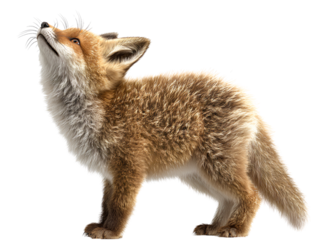Playful red fox cub looking upward with curious expression side angle isolated on transparent background PNG