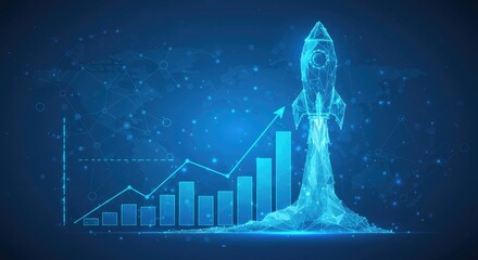 Abstract rocket launching over growth chart on blue tech background, symbolizing startup success and business boost in futuristic low-poly digital style.
