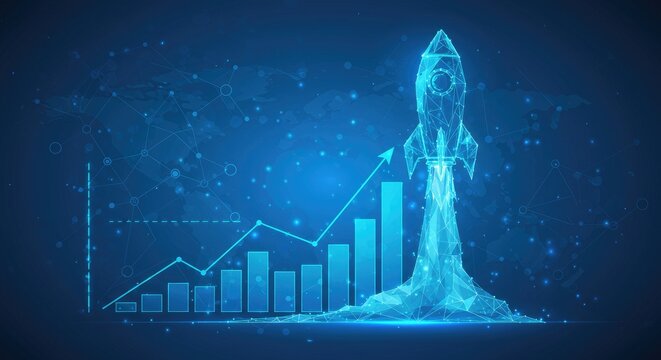 Abstract rocket launching over growth chart on blue tech background, symbolizing startup success and business boost in futuristic low-poly digital style.
