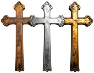 Three metallic crosses in gold, silver, and bronze are standing in a row isolated on