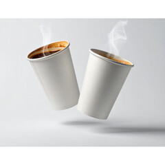   White paper cups of coffee mock up on blank background, Two cups in the air dynamically. Ai png 