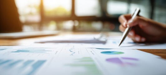 The hand writing on financial reports with colorful graphs and charts.