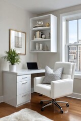 Fototapeta premium Bright home office with white desk and chair inspiring productivity