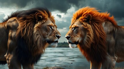 Majestic Lions Face-Off A Dramatic Encounter in the African Savanna