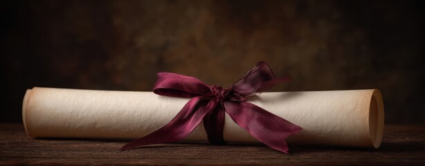 The elegant scroll tied with a burgundy ribbon on a rustic wooden surface.