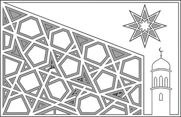 Vector of Islamic geometric pattern with mosque and star design.