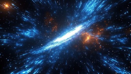 Vibrant cosmic scene of a bright glowing galaxy with blue and orange light streaks radiating through space evoking a sense of vastness and dynamic energy