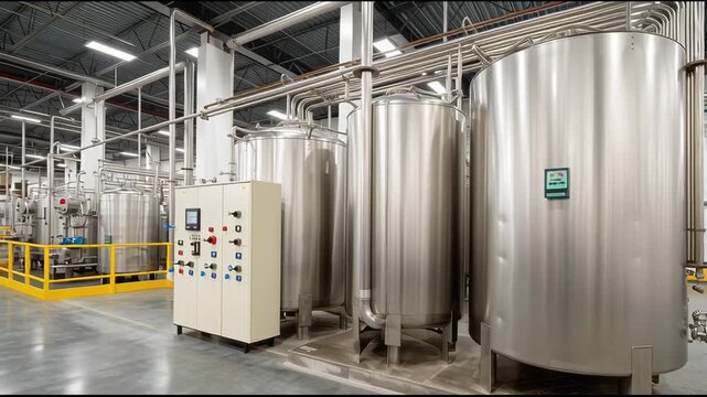 Modern industrial factory production plant interior with large steel tank in clean facility