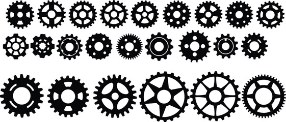Gears and cogs vector set, mechanical gear wheels, black silhouettes, industrial cogwheel icons, engineering components, machinery elements, precision design, gear system parts