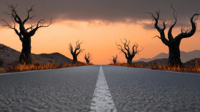 Eerie road with leafless trees under sunset sky for a dramatic and mysterious scene