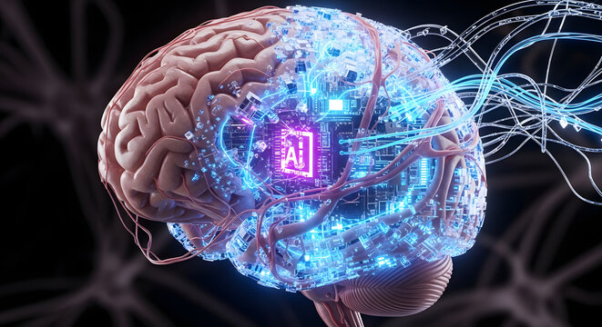 Artificial Intelligence augmentation visualizes futuristic human brain with integrated AI technology featuring complex neural networks and advanced computer circuitry for cognitive advancement and