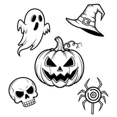 A set of essential Halloween icons including a pumpkin, ghost, skull, witch hat, and spider.