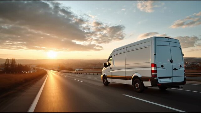 White delivery van driving on scenic highway road toward peaceful sunset journey