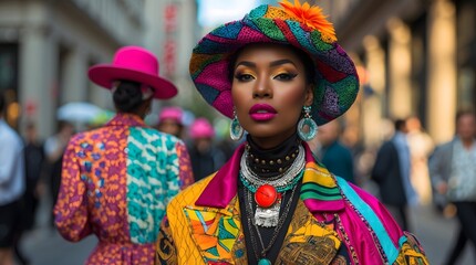 Obraz premium Vibrant Street Style A Fashion Model in Bold Colors and Accessories