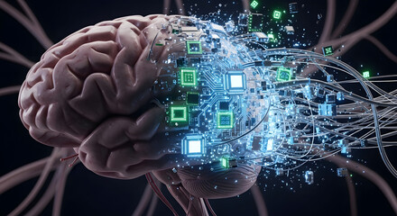 The fusion of the organic and the technological creates a powerful metaphor for artificial intelligence, depicting the intricate dance between human thought and computational prowess a visionary