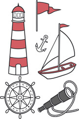 Nautical icons set with lighthouse, sailboat, anchor, and ship wheel