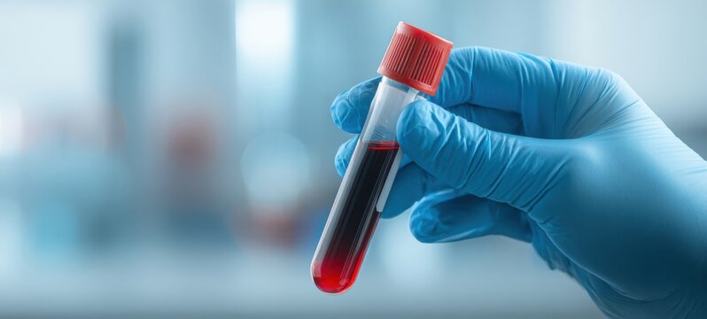 The laboratory technician holds a blood sample in a test tube for analysis. - Powered by Adobe