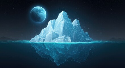 Abstract digital iceberg with underwater part in cold ocean, light blue moon and starry night sky, symbolizing big data in futuristic low-poly wireframe tech style.
