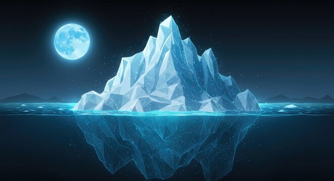 Abstract digital iceberg with underwater part in cold ocean, light blue moon and starry night sky, symbolizing big data in futuristic low-poly wireframe tech style.
 - Powered by Adobe