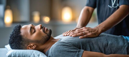 Fototapeta premium Therapist placing hands on patient's chest during reiki session