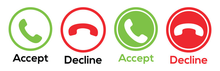 Phone Call Accept and Decline Button Icons – Green and Red Call Symbols for Mobile App, Communication UI and Digital Interface Vector.