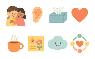 Children's Emotional Support Icons. Flat vector mini-illustrations emotional support in colors children's