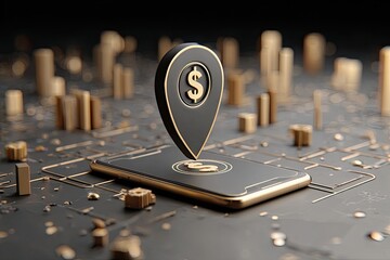 A 3D rendered map pin with a dollar sign, positioned over a phone