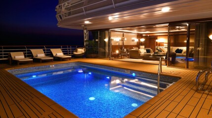 Luxurious illuminated private pool on cruise ship deck at night