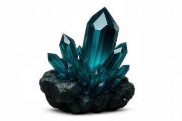Vibrant teal crystals bursting from weathered stone surface, highlighting geological marvel with clean, ethereal presentation