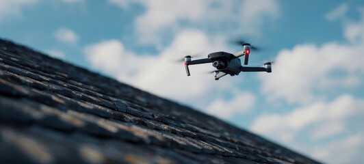 The drone soaring over a rooftop against a blue sky filled with clouds.