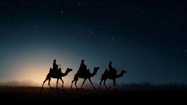 Three wise men and their camels in silhouette journey across the desert at sunset, following a star in the night sky