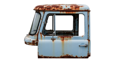 Rusty old vehicle cabin isolated on white
