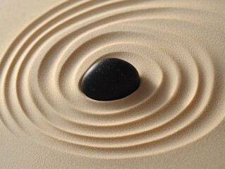 Smooth black stone centered in fine sand with concentric circular ripples creating a calm and balanced zen garden scene