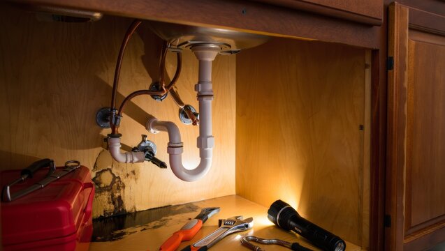 Under sink cabinet with exposed pipes during plumbing repair work - Powered by Adobe