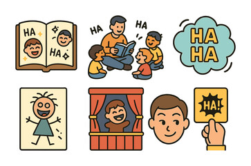 Laughter Storybook Icons. Flat vector mini-illustrations storytelling with laughter in colors children's