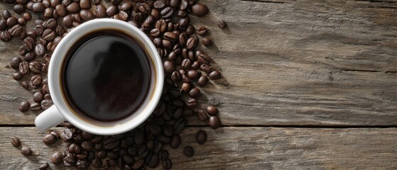 The cup of coffee surrounded by freshly roasted coffee beans.