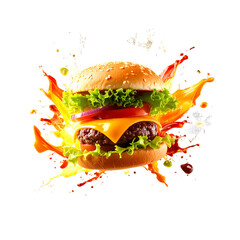 Exploding Burger with Beef, Cheese, and Vegetables on Transparent Background