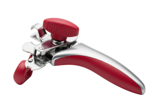 Red and silver manual can opener isolated on white
