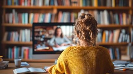 Online Education: Woman Student Studying via Video Conference Call stock image