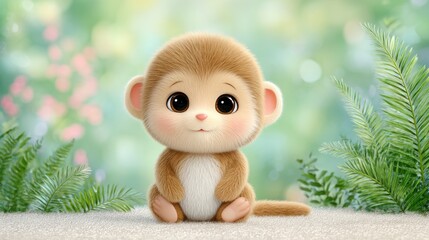 Fototapeta premium A small monkey is sitting on the ground. It has a white belly and a black nose. The monkey is smiling