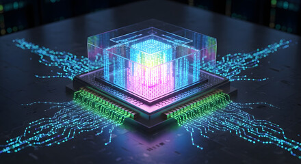 Futuristic quantum computing concept illustrating advanced processor technology with light beams and holographic projection creating an immersive data processing visualization