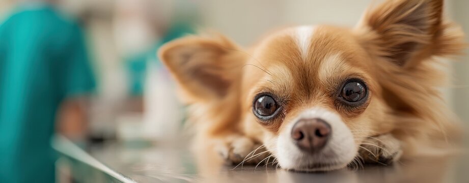 The charming chihuahua resting on a veterinary examination table with focused eyes.