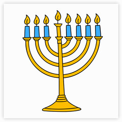 Golden menorah with blue candles and orange flames vector