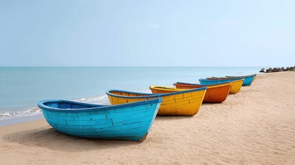 Fototapeta premium Colorful Wooden Boats on Serene Beach with Calm Ocean Waves