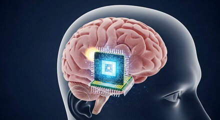 Conceptual representation showcasing the merging of human intelligence and artificial intelligence with a brain intertwined with advanced microchip technology offering a vision of enhanced cognitive