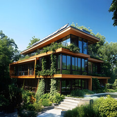 Modern eco-friendly house with vertical garden and rooftop greenery in sunny nature landscape
